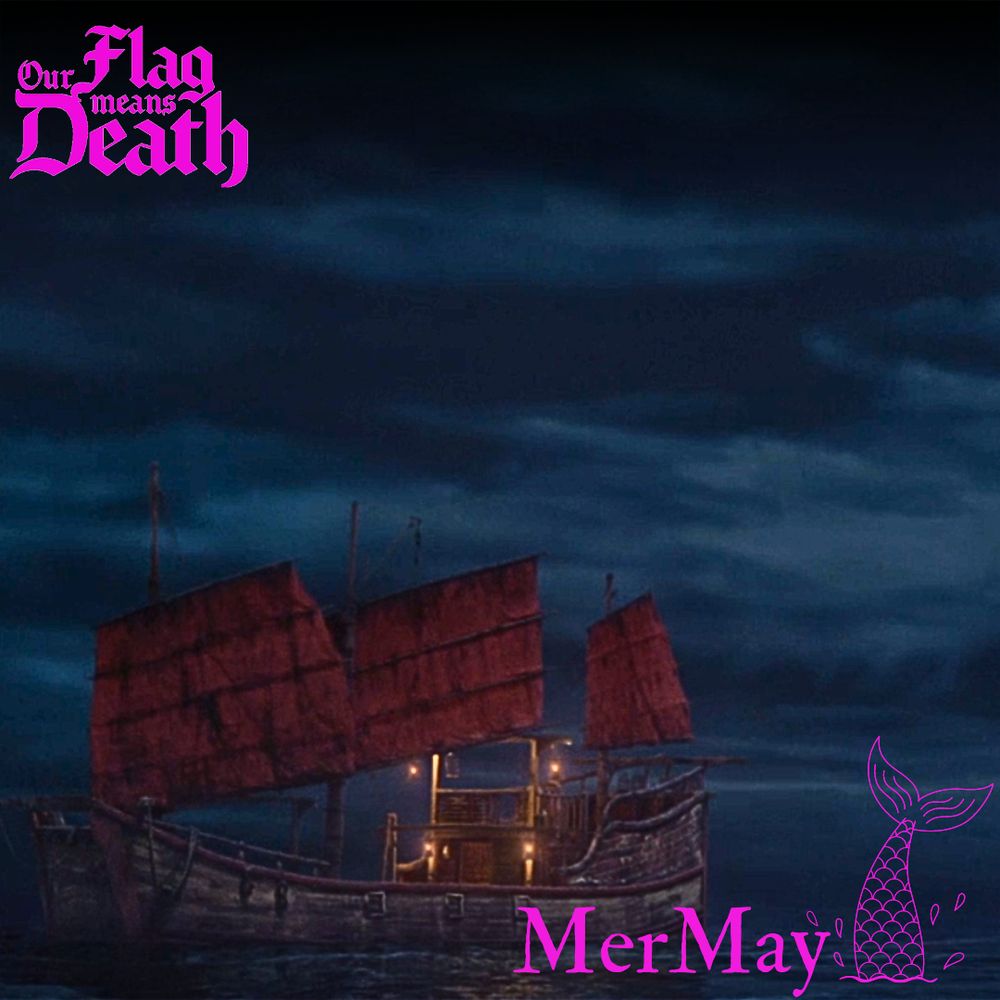A still from the show, overlaid with the SaveOFMD Crew MerMay 2024 sticker. It is the first shot that we see of The Red Flag.