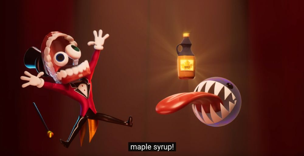 A screenshot from Episode 2 of The Amazing Digital Circus Episode 2. Caine, a top hat wearing ringmaster with teeth for a head and bulging eyes inside them, exclaims "Maple syrup!" while a shining bottle floats in midair above the stuck-out tongue of his companion Bubble.