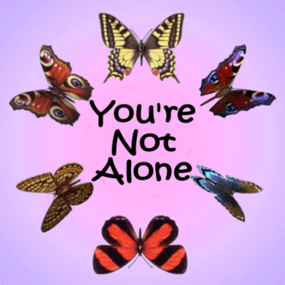 a pink background with butterflies and the words " you 're not alone " on it