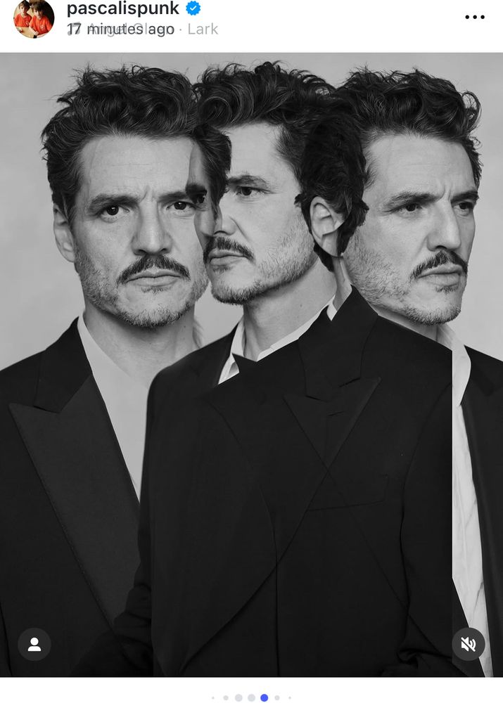 Pedro pascal photoshoot where there are the b&w pics of him looking sultry superimposed over each other 