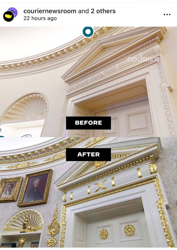 before and after of the Oval Office covered in tacky gold 