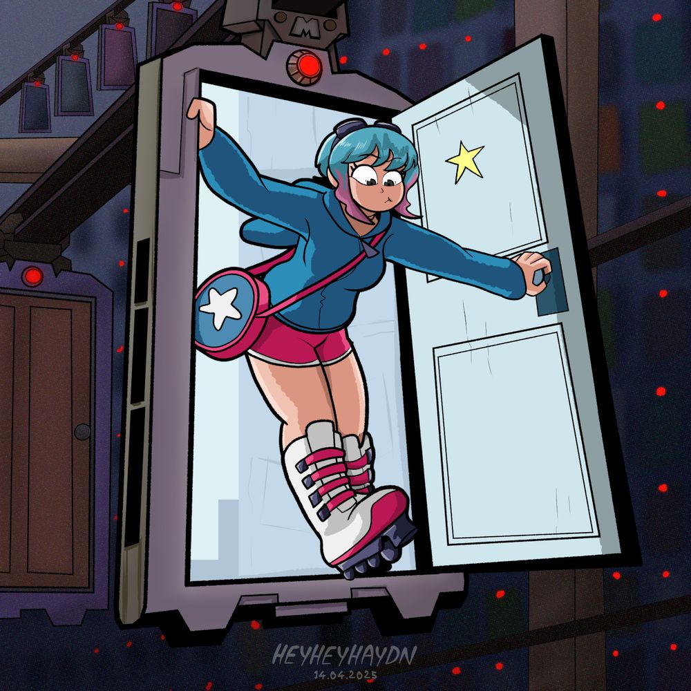 Ramona Flowers steadies herself on the doorframe of a Subspace door, on the edge of rollerskating off the edge of it. Slightly startled she looks down. The Subspace door is set into a Monsters Incorporated door, and is currently travelling through the door warehouse conveyer.