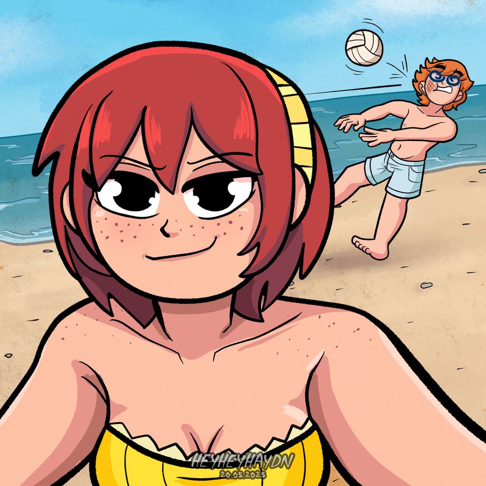 Kim Pine taking a selfie at the beach - in the background Scott is getting bonked in the head with a volleyball