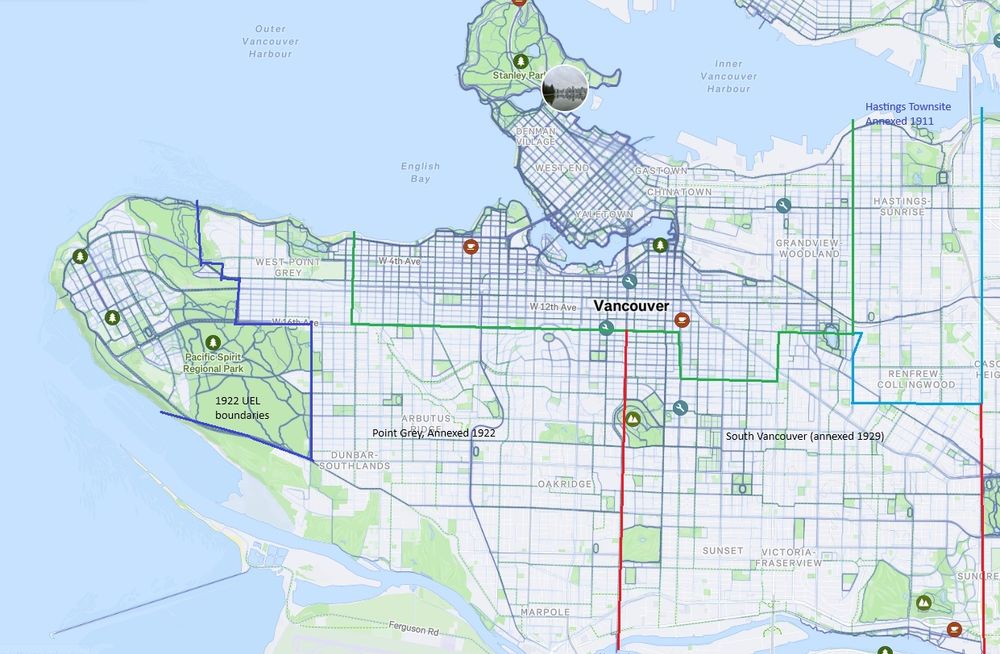 City of Vancouver starva heat map for walking/running/on foot sports. Boundaries added on top for historical municipalities: City of Vancouver 1911 boundaries in green, south Vancouver in red (annexed 1929) Point Grey to the west using the colours of its neighbours (annexed in 1922), Hastings townsite in blue, annexed 1911. The heatmap shows more blue predominantly in the grid of the old city. Map Via Strava, lines crudely drawn by me.