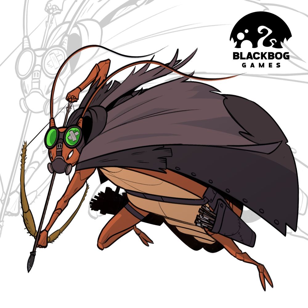 A digital drawing of a humanoid cockroach, with a gas mask, a hooded cloak and a bow and arrow. They are pouncing, drawing an arrow and ready to shoot.