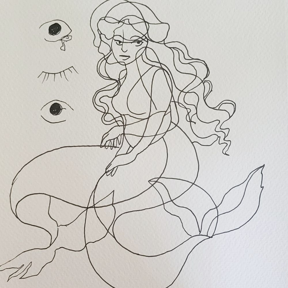 Cubist linear impression of a mermaid with long hair, shown turned toward the viewer and in profile. To her left floats three eyes, two looking at the viewer and one closed. 