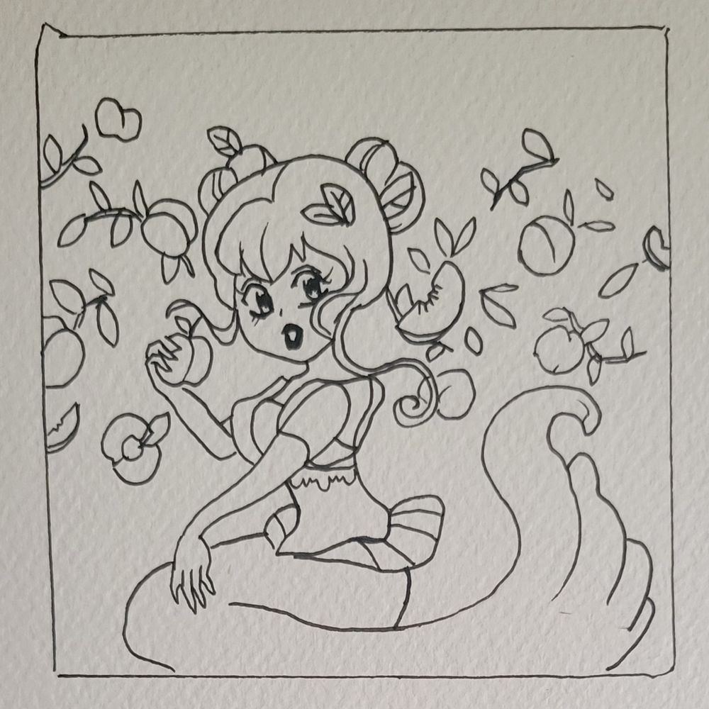 A kawaii peach mermaid with a pattern of peaches and leaves behind her. An ink drawing. 