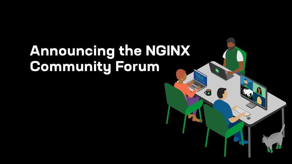 White text reads "Announcing the NGINX Community Forum". A group of illustrated people sit around a table on laptops and computers. Jinx the cat wears green booties in the bottom right corner.