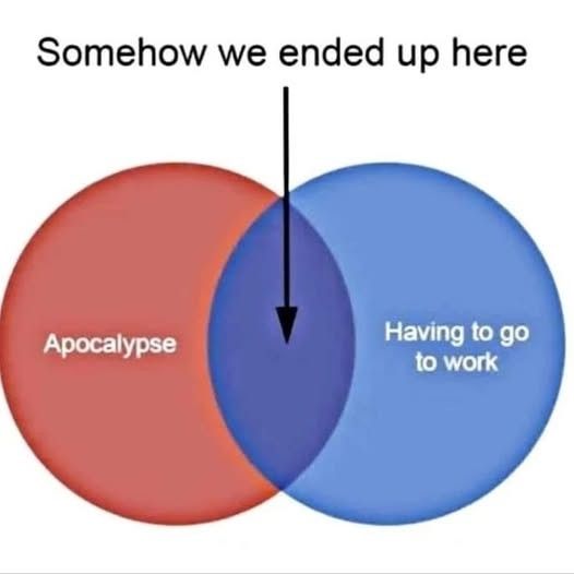 Venn diagram. Left side is red with the word 'apocalypse' right side is blue with the words 'having to go to work' the middle has an arrow point in it, if you follow the arrow up the words 'somehow we ended up here' 