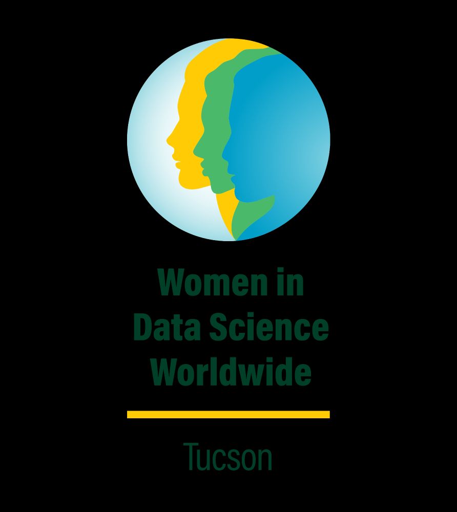 A circular logo with three colorful women's faces in profile, and text reading "Women in Data Science Worldwide, Tucson" 