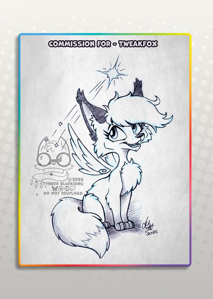 Black and White Traditional Drawing of an original fursona belonging to TweakFox. The artwork has the faint blue underline of the rough sketch and then is finished in black roller ink in a cross hatching style.

Tweak the Fox sits with their fluffy tail swooping around them. They are smiling with their mouth slightly open. They are looking up at a shooting star that is just behind them. The little fox has stylized magical angel wings that are hovering just above their back.