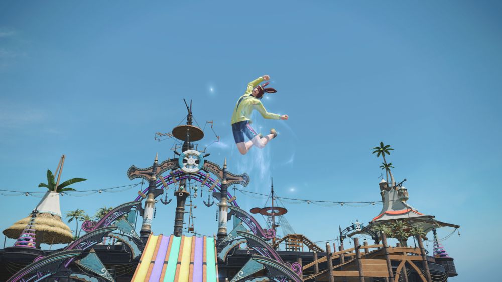 A ffxiv screenshot of my WoL doing some tobbogganing