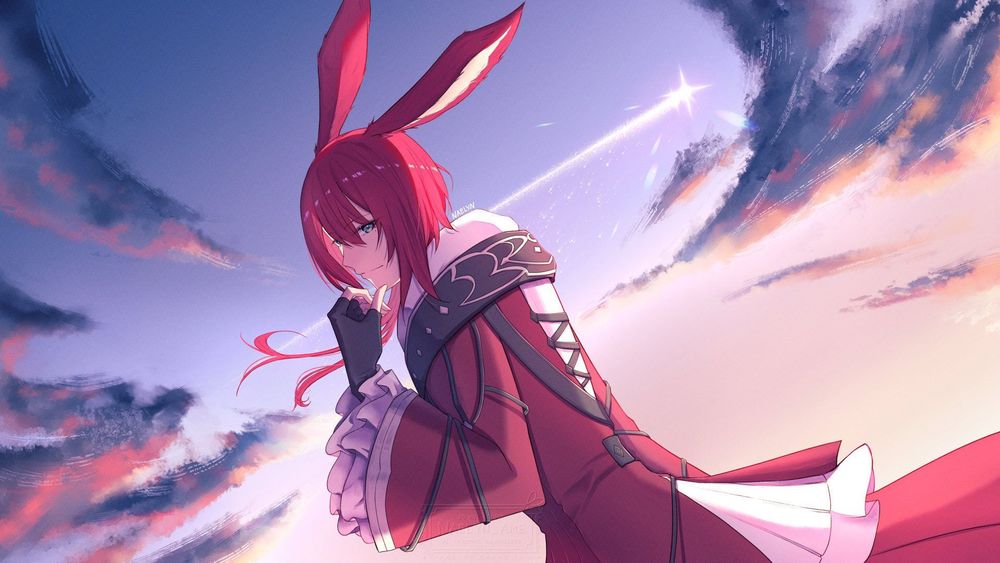 An artwork of my FFXIV WoL, Meryn, made by me. He is a red haired viera wearing the yuweyawata heater top. In the artwork, he is looking at us in a sunset setting, with a rising shooting star behind him.
