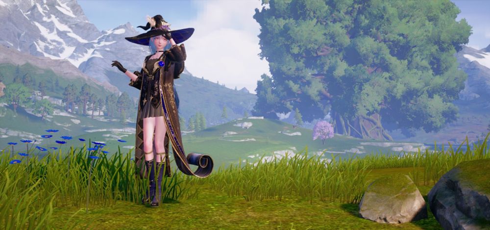 Infinity Nikki screenshot.
A blue haired girl in wizard themed outfit photo posing in front of a giant tree.