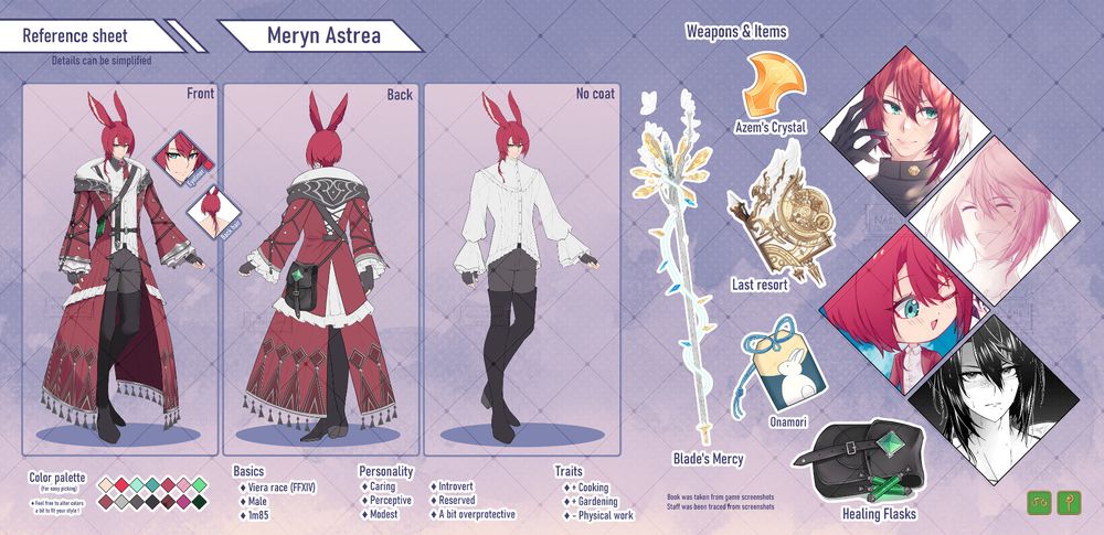 Detailled reference sheet of my WoL, Meryn, showing him from the face, back, and also a version with no coats