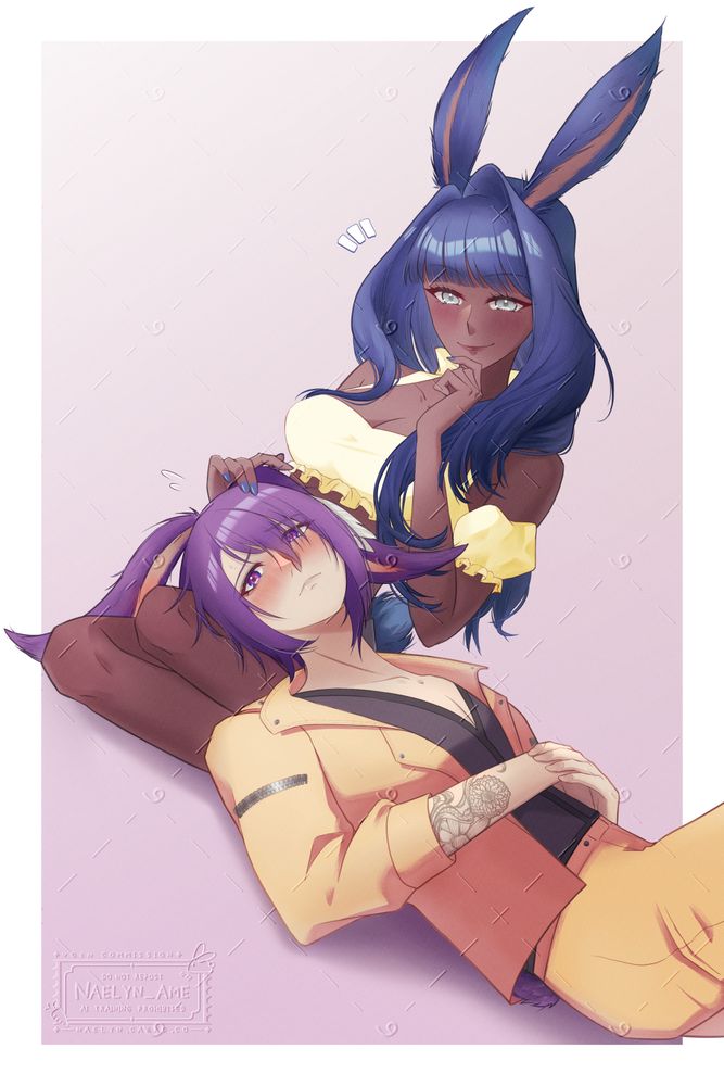 Commission for Mizuazura of their Viera OCs, Mel and Ryu. Ryu is laying on Mel's nap and has an blushing face, while Mel is patting his head and chuckling seeing his nervous expression.