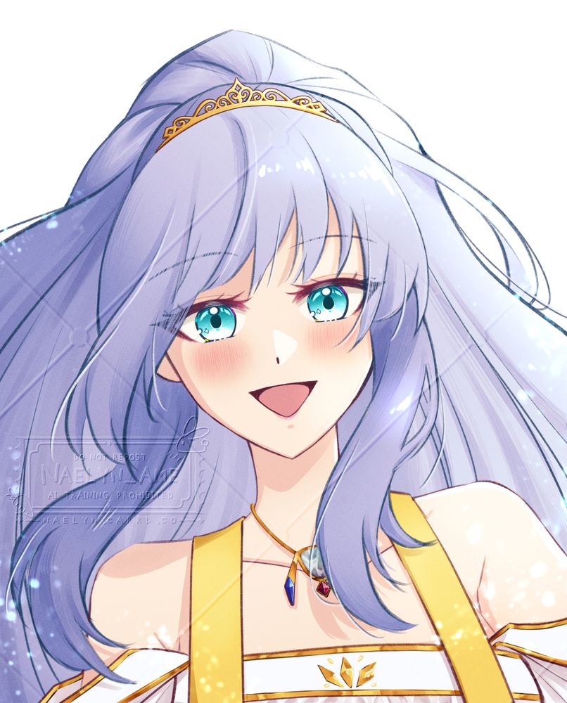 @mickuv.bsky.social 's OC, Katia. She is a blue haired woman who has blue eyes, wearing a long dress, a golden tiara and collar with some several precious stones on it (here we see a blue, red and a white one). On the art, she is making a big smile.