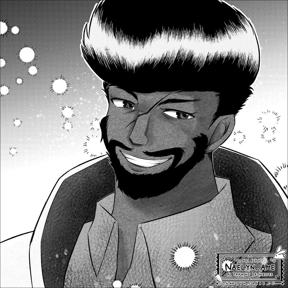 My friend's WoL from FFXIV, drawn in black and white with tones. He is a Roagadyn with brown hair and moustache.