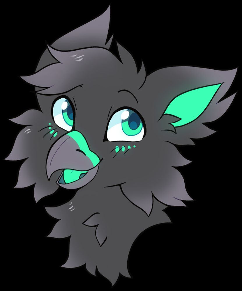 Gryphon headshot with dark grey body fur, light grey fur on the tips and the beak, along with green accents for the inner ear, under the eyes, on the beak. The green is also on the eyes and tongue. Very happy smile!
