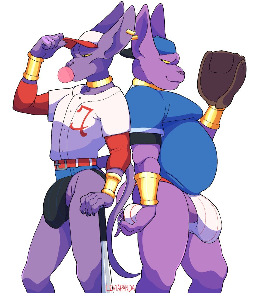 Dragon Ball's Beerus and Champa half dressed in baseball outfits, wearing each other's team color on their jockstraps.