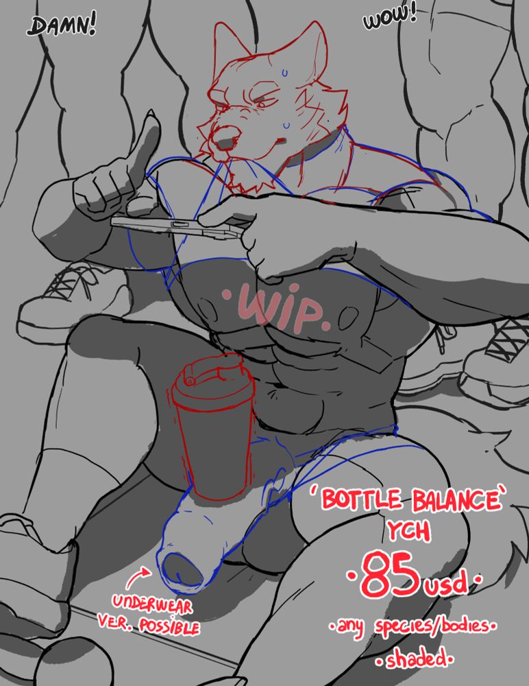 YCH "Bottle Balance" 
85usd
Any Species/Bodies;
Final will be colored and shaded;
Can be wearing underwear instead;