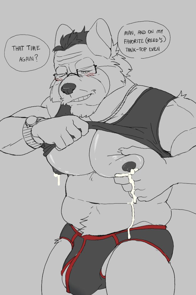 arundo lamenting his milk is soaking his favorite tanktop (which he stole from his son).