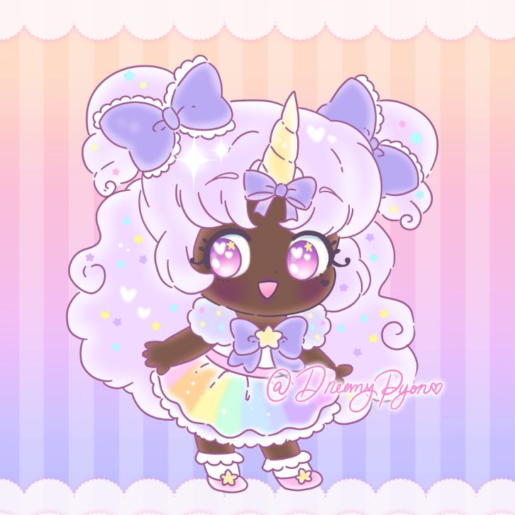 Chibi of Clover from Magical Warrior Diamond Heart in a pastel dreamy cute/yumekawa style inspired by sanrio. She has a little unicorn horn and her hair is in half up lavender twintails with big purple bows