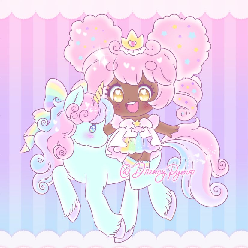 Chibi of Val from Magical Warrior Diamond Heart in a pastel dreamy cute/yumekawa style inspired by sanrio. She's riding on a pastel teal unicorn with pink, blue, and purple pastel hair