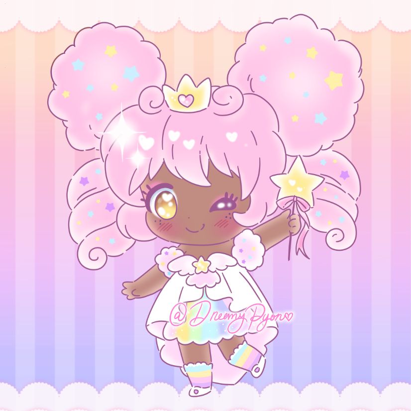 Chibi of Val from Magical Warrior Diamond Heart in a pastel dreamy cute/yumekawa style inspired by sanrio. She's winking and holding a wand, her hair has two big pink puffs and she has on a little crown. 