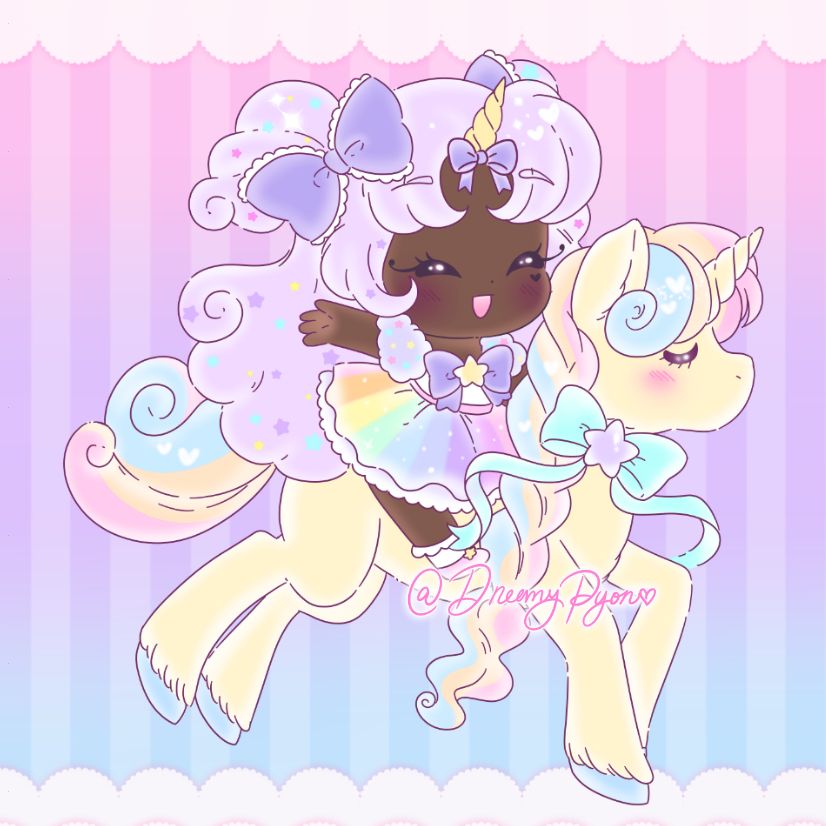 Chibi of Clover from Magical Warrior Diamond Heart in a pastel dreamy cute/yumekawa style inspired by sanrio. She's waving and riding on a pastel yellow unicorn with yellow, pink, and blue hair