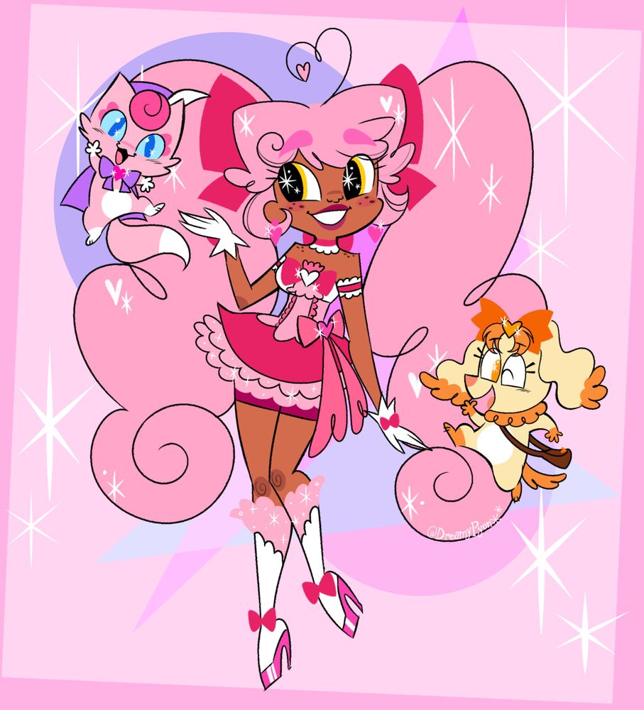valerie/diamond heart, diana, and amber from Magical Warrior Diamond Heart drawn in a mid-century/Neo-UPA art style against a pink. geometric background