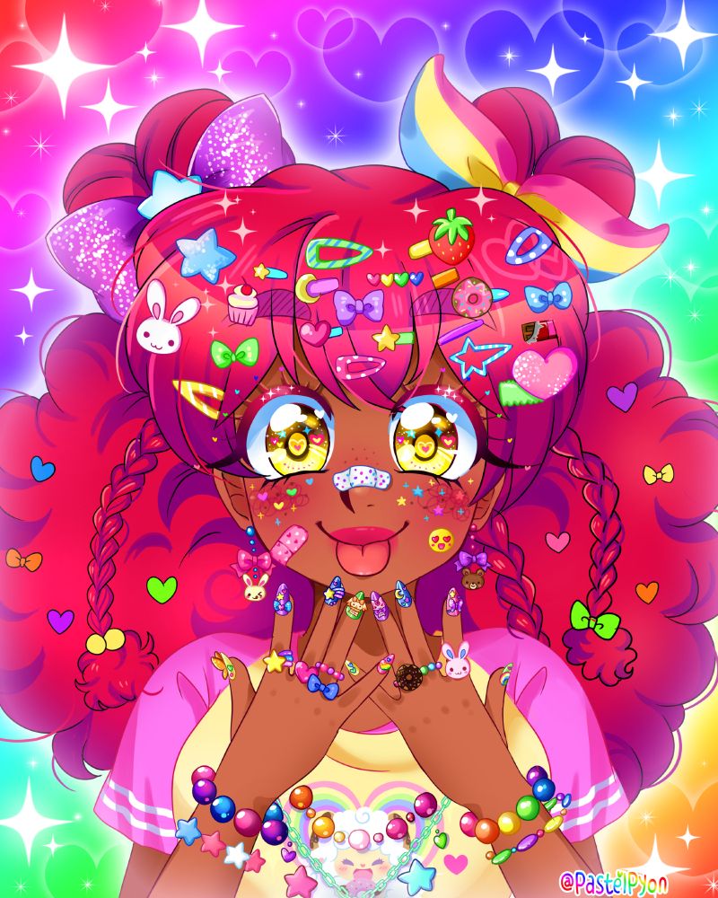 Bust portrait of Valerie from Magical Warrior Diamond Heart wearing tons of colorful accessories, bracelets, fancy nails, and hairclips in a decora fashion style.