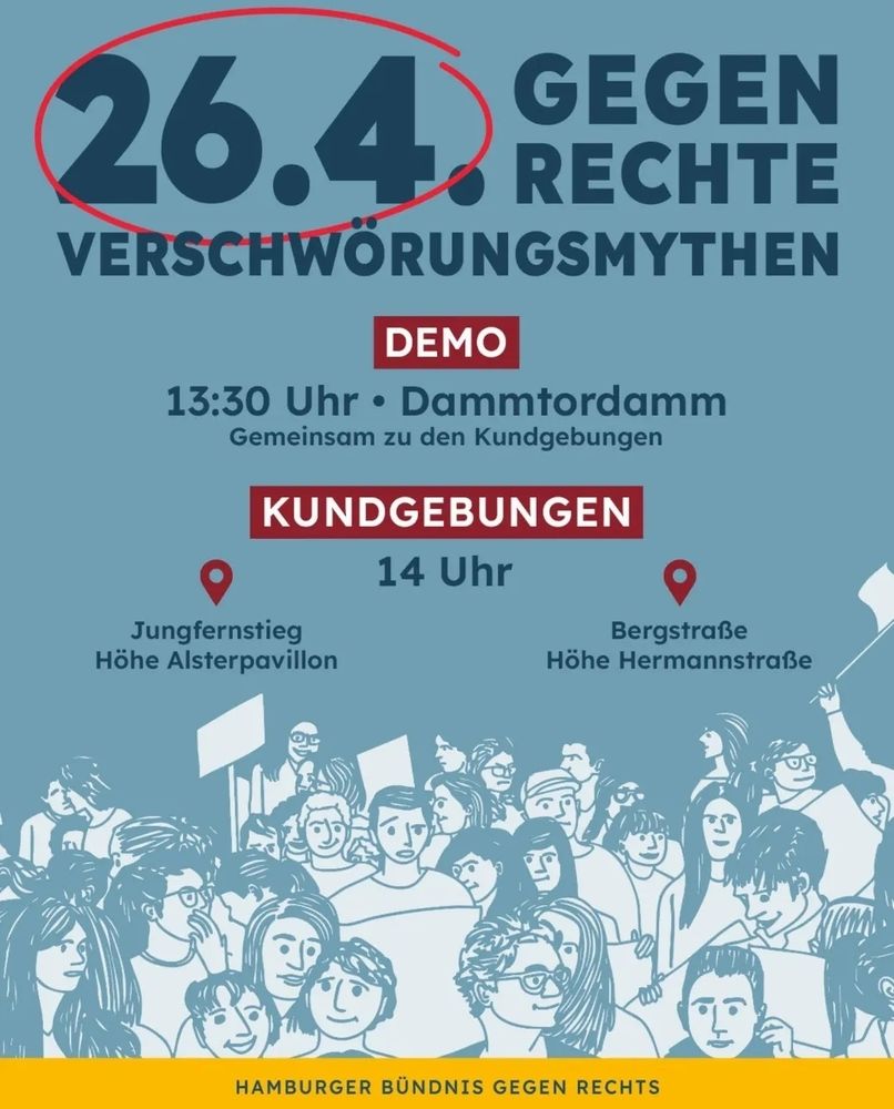Screenshot von Instagramkachel vom Hamburger Bündnis gegen Rechts Auf der Kachel sind Zeichnungen von demonstrierenden Menschen zu sehen Darauf steht: "26.4. Gegen rechte Verschwörungsmythen - DEMO 13:30 Dammtordamm -  gemeinsam zu den Kundgebungen. KUNDGEBUNGEN 14 Uhr Jungfernstieg Höhe Alsterpavilon - Bergstraße Höhe Hermannstraße"