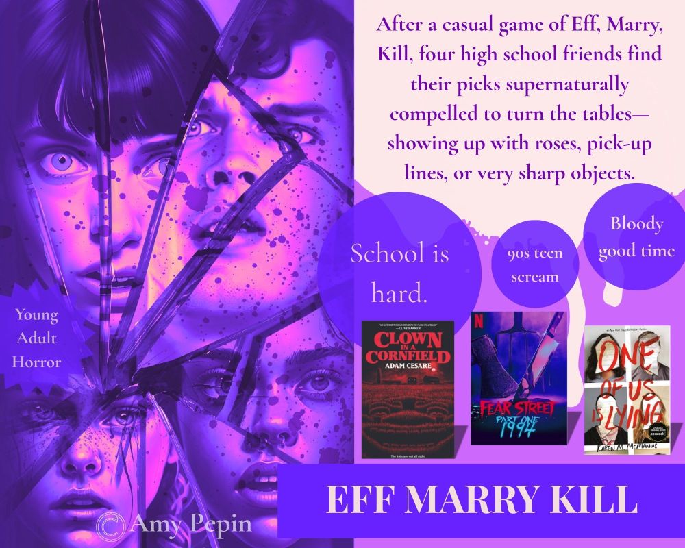 Promo for the YA horror novel EFF MARRY KILL for #WIPPIT It has four faces, covers of similar books, and a small pitch.
