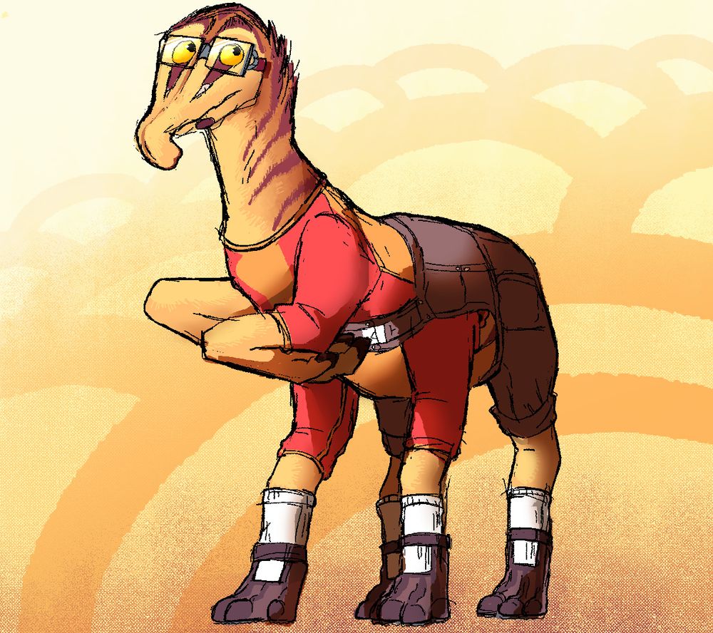 A fullbody drawing of Talita from Runaway to the Stars standing in an abstract space wearing a red, orange, and grayish-brown outfit with socks and brown shoes as worn in her official banner art.