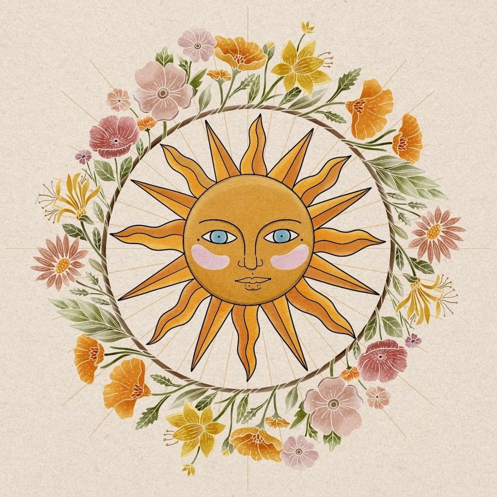 Illustration of a yellow sun surrounded by a colorful floral wreath