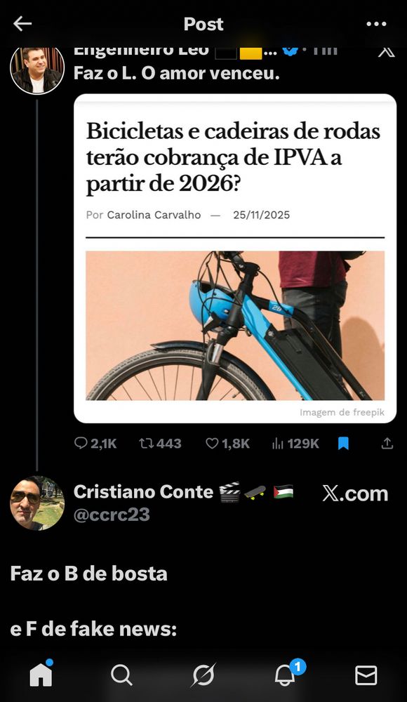 print do tuite “Faz o L o amor venceu” com print de uma suposta notícia dizendo que haveria cobrança de IPVA para cadeira de rodas e bikes elétricas