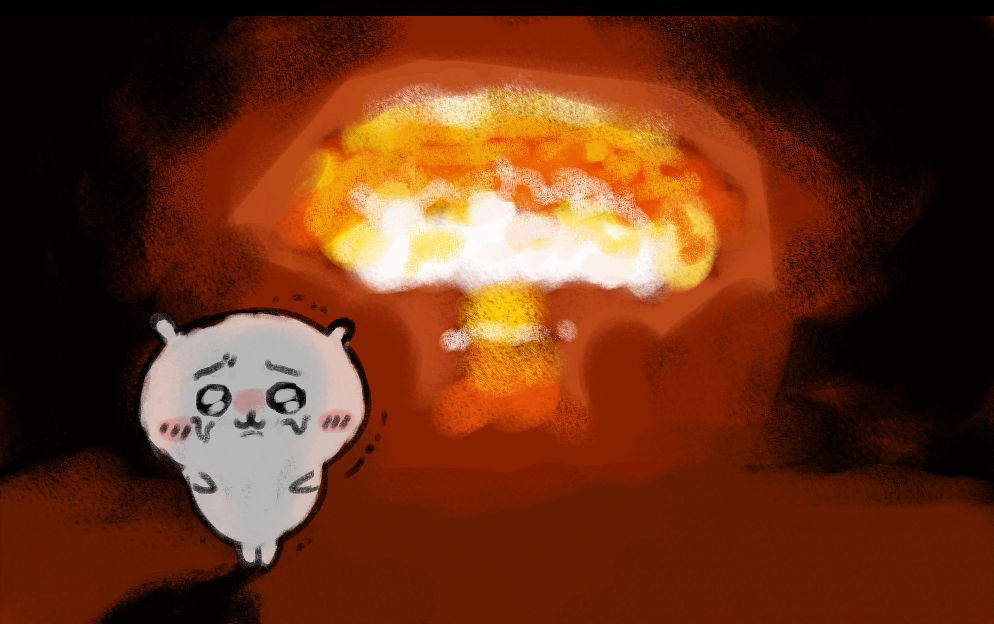 Chiikawa standing and crying while a nuclear explosion detonates in the background.