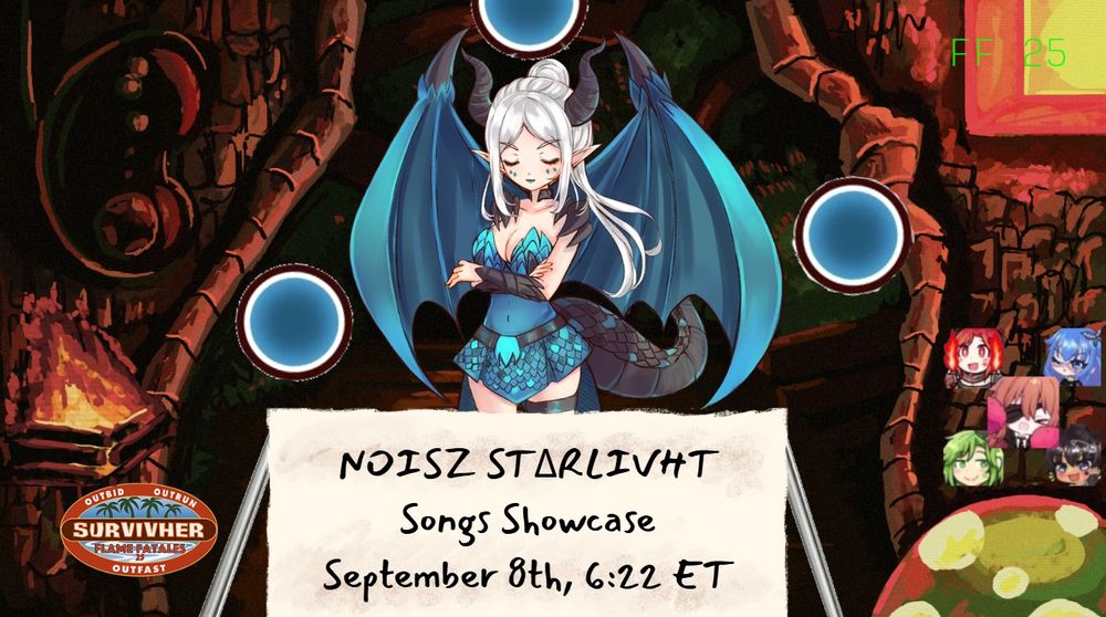 Announcement banner for the NOISZ STΔRLIVHT Songs Showcase starting September 8th, 6:22 ET on Flame Fatales.