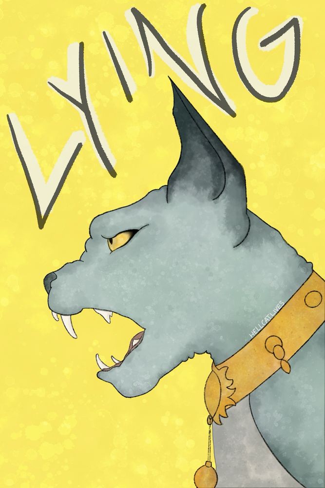 digital fan art: side profile of lying cat from saga on a yellow background with the word “lying” in big letters above her head