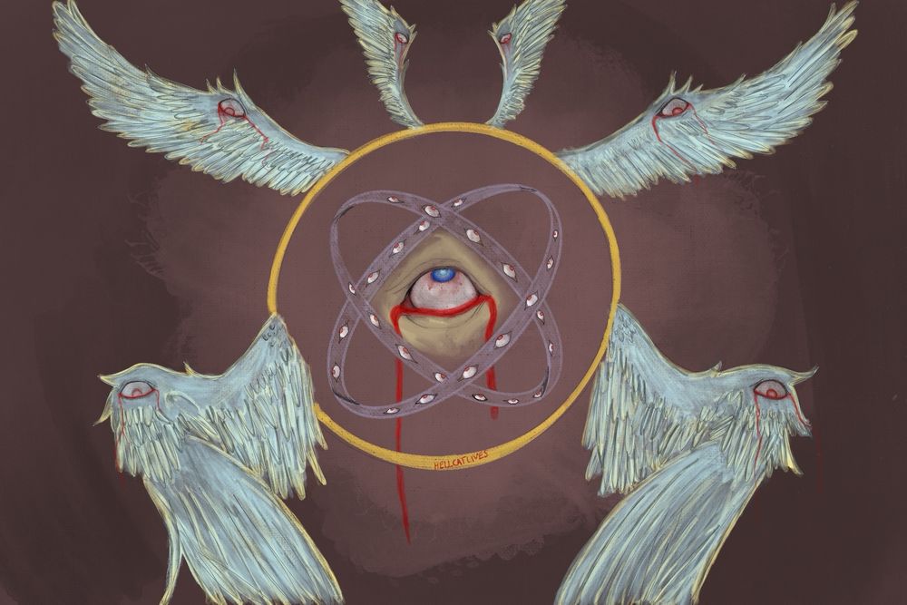 digital art of a biblically accurate angel with bleeding eyes