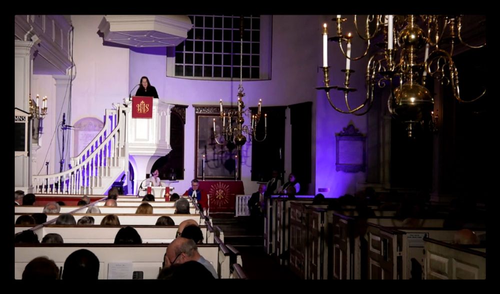 Screenshot from the broadcast of Prof. Heather Cox Richardson giving the keynote at the 250th anniversary of Paul Revere's midnight ride Lantern Ceremony at the 300-year-old Old North Church Boston on April 18, 2025.