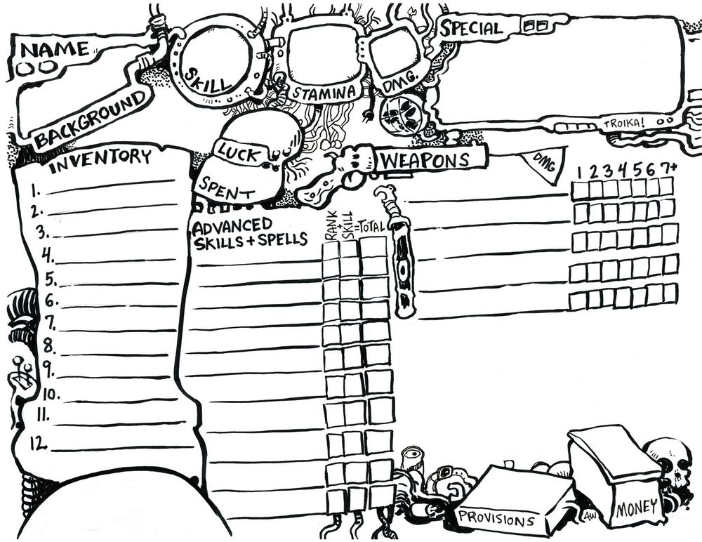 BW character sheet, landscape format, for Troika RPG.
Ink drawings of ships and guns and knives and boxes with labels for the various Troika stats like Luck, Skill, and Stamina. 