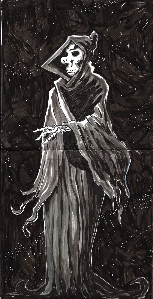 Two page sketchbook spread of classic death with night sky.