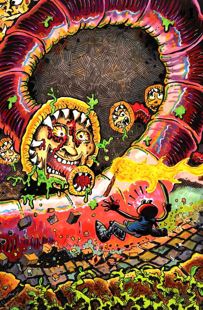 Color drawing of a giant snake worm with a human face in its mouth. It's attacking a little red devil guy in a kind of ruin or temple. Colors are garish and aggressive.