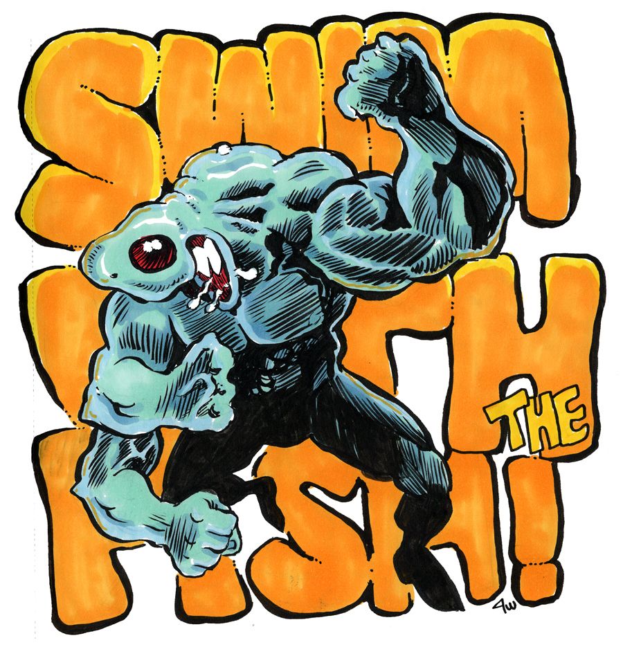 Ink and marker drawing of a shark guy with 3 arms. Lettering behind him says "Swim with the fish".