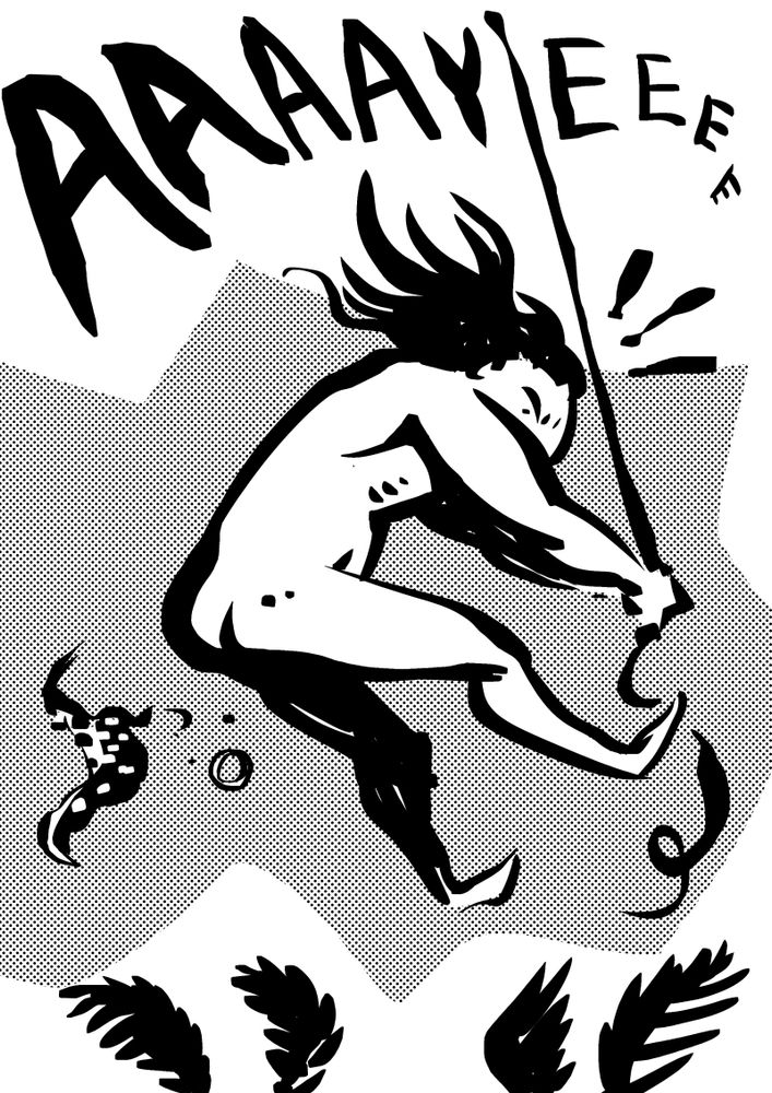 Ink drawing of Tarzan swinging on a vine and losing his loincloth