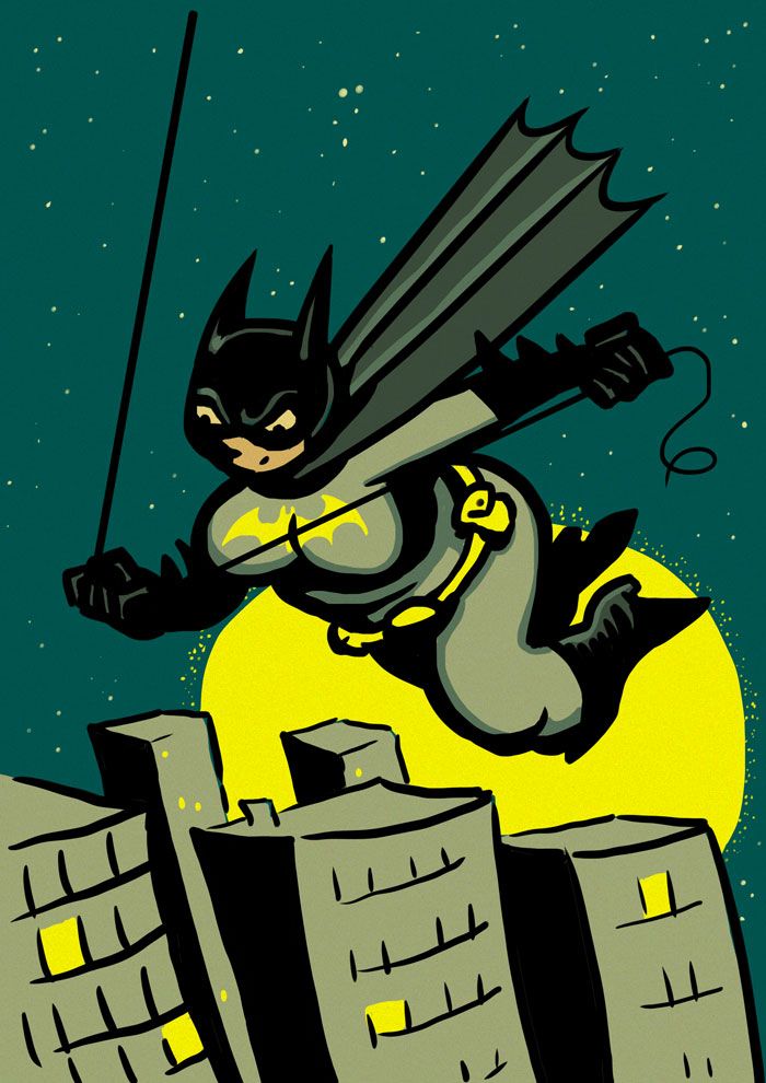 Color drawing of a plump Batgirl swinging through the city under a yellow moon
