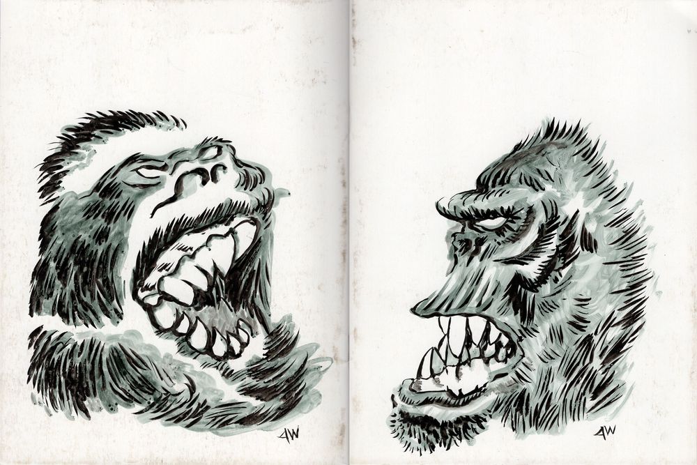 Front and back sketchbook covers. Gray and black ink sketches of weird ape creatures.