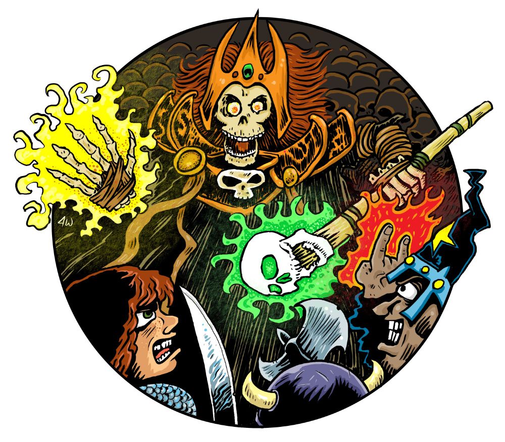 Color drawing in circular design. Lich battling some adventurers.